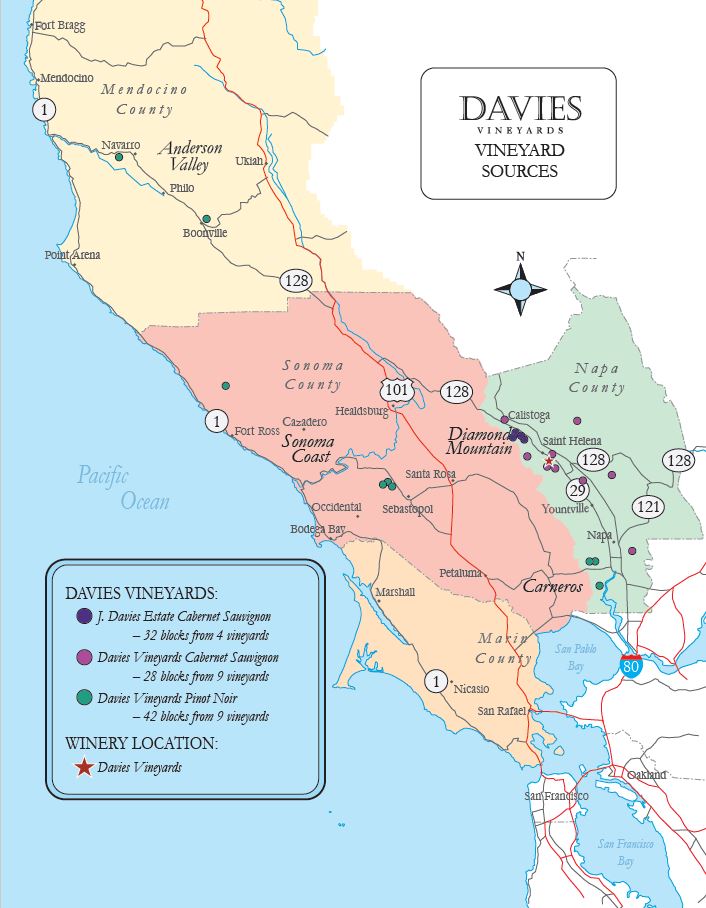 Map of the 2018 harvest vineyard sources for Schramsberg Vineyard, showing locations of Chardonnay and Pinot Noir vineyards, from four Northern California counties.