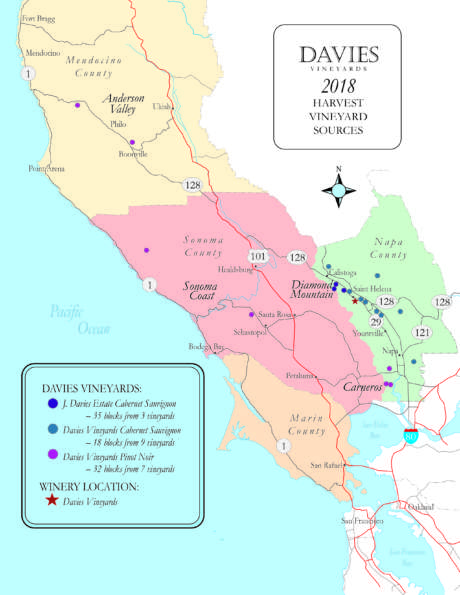 Map of the 2018 harvest vineyard sources for Schramsberg Vineyard, showing locations of Chardonnay and Pinot Noir vineyards, from four Northern California counties.