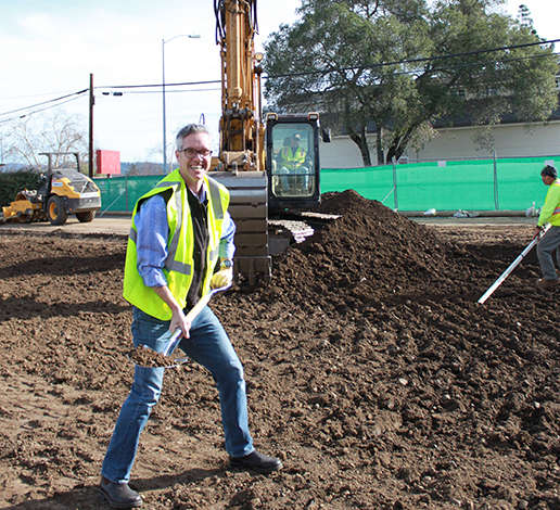 Hugh Davies with a silver shovel breaking ground on Davies Vineyards site in 2015.